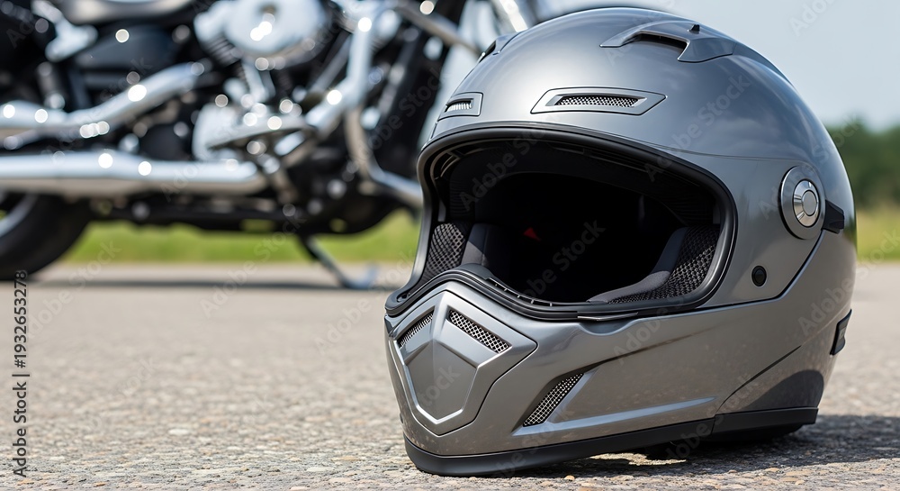 Fototapeta premium Gray motorcycle helmet on asphalt with bike gray helmet
