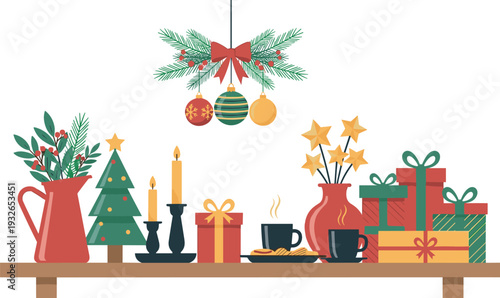 Cozy Christmas shelf with red pitcher, green tree, candles, hot coffee, holiday gifts, and hanging ornaments for festive winter interior design