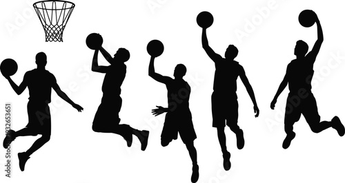 Basketball Players in Action Silhouettes with Hoop vector
