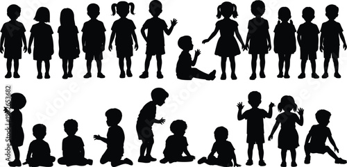 Black Silhouettes Of Children Playing And Standing In Two Rows On White Background kids