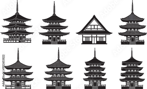 Set of black Japanese pagoda silhouettes featuring traditional Asian temple architecture, Zen shrines, oriental towers, and ancient Buddhist heritage building icons