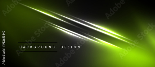 Abstract green background features bright diagonal lines. Modern design evokes energy, motion, sleekness. Dark areas contrast vibrant hues.