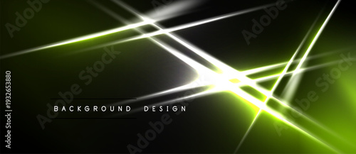 Dark backdrop features vibrant neon lines, creating abstract geometric shapes. Bright glow emanates from central intersection. Modern design element.