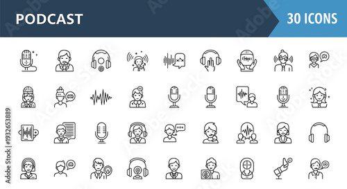 A collection of 30 black and white podcast icons featuring various illustrations of people and audio equipment