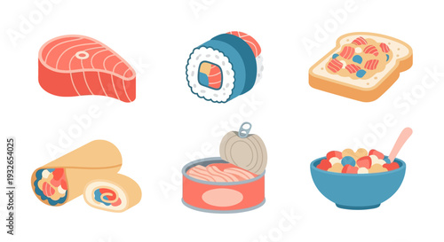 Assorted Japanese food icons including sushi and sashimi.