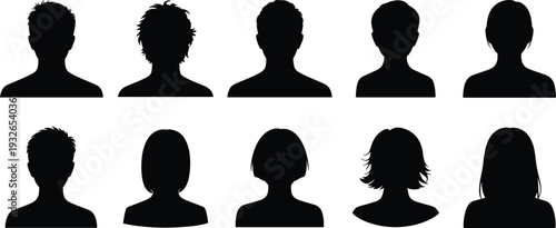 Collection of Black Silhouettes of Diverse Male and Female Head and Shoulder Profiles shoulders