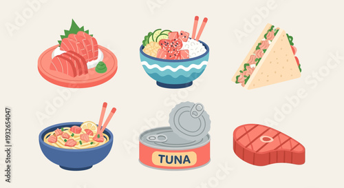 Assorted seafood and dishes illustration collection.
