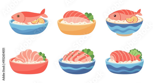 Assorted Sushi Dishes with Raw Fish and Garnishes.