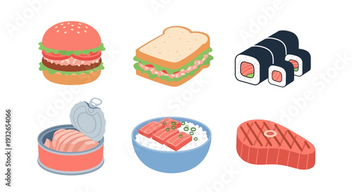 Assorted Fast Food and Japanese Cuisine Illustrations.
