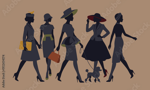 A group of elegantly dressed women in stylish retro outfits walking confidently together