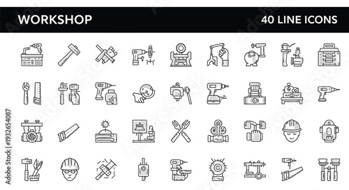 Workshop live icons set 30 black and white line drawings of various tools and equipment