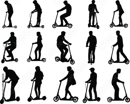 Collection of diverse silhouettes of people riding kick scooters on a white background Keywords: scooter, kick scooter, electric
