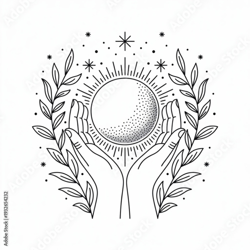 Hands holding a celestial body surrounded by leaves and stars in a minimalist vector illustration from a straightforward viewpoint