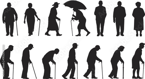 Collection of elderly people silhouettes with canes and umbrella on white background Keywords: elderly, senior, people
