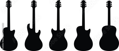 Collection of five different electric guitar silhouettes on a white background Keywords: electric guitar, musical instrument