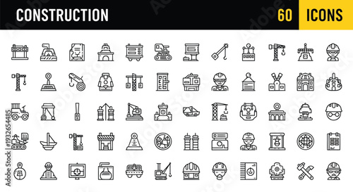 Collection of 60 construction icons in black and white line art style for design and development projects