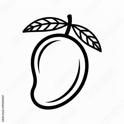 Simple Line Art Illustration of a Mango Fruit with Leaves, Vector Graphics, Isolated on a Clean Background, Front View