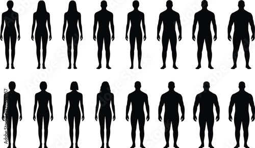 Collection of male and female silhouettes with varied body shapes and heights people standing