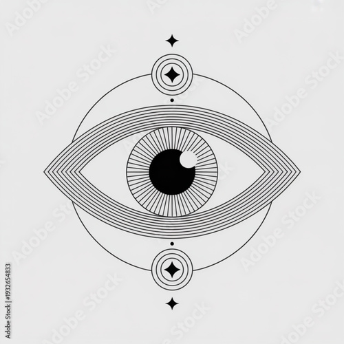 A black and white vector illustration of an eye surrounded by circular patterns and symbols from a frontal viewpoint