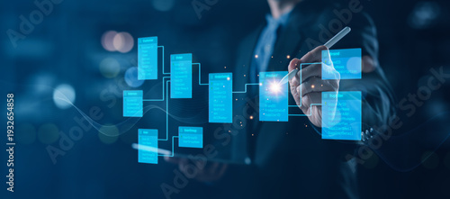 Businessman interacting with a relational database interface, illustrating structured data tables, system architecture, and information management for enterprise technology and analytics solutions.