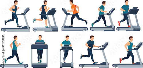 Flat Vector Character Set of Men Running on Treadmills for Fitness, Gym Workout, Cardio Training, Healthy Lifestyle, and Exercise Equipment Promotional Material Designs