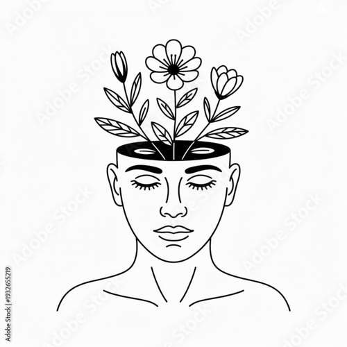 A serene black and white vector illustration of a person's face with flowers blooming from their head