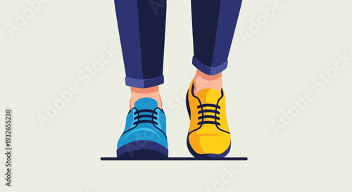 Person wearing mismatched colorful sneakers and blue jeans.