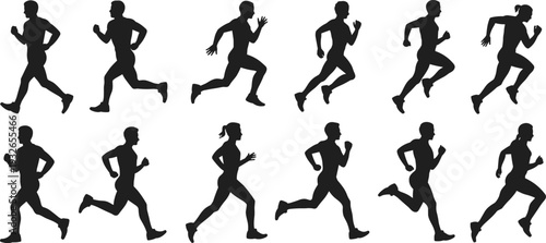 Dynamic male and female silhouettes captured in mid-stride running poses jogging athletes