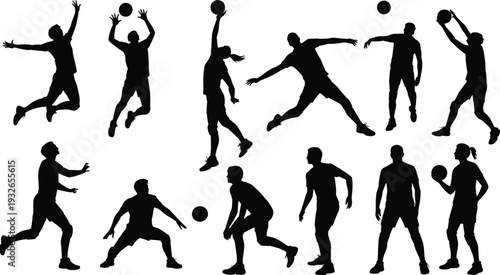 Dynamic silhouettes of male volleyball players in action on white background sport