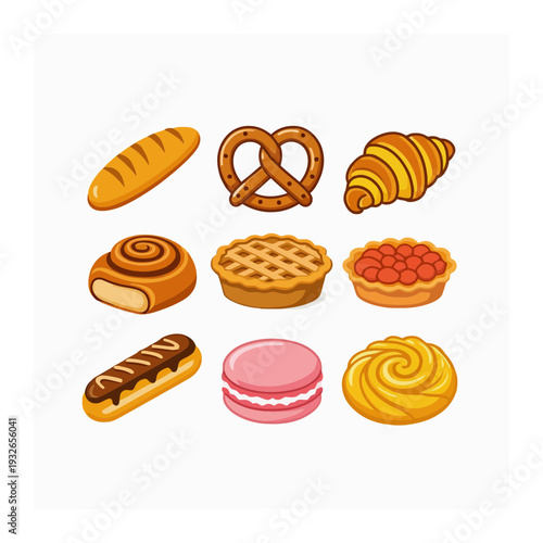 Pixel Art Bakery Icons: Fresh Bread, Croissant, Macarons, Cakes & Pastries