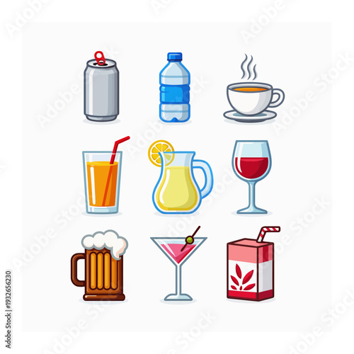 Refreshing Drinks Assortment: Soda, Water, Coffee, Juice, Wine, Beer, Cocktail