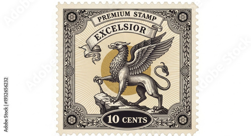 Vintage stamp featuring a majestic griffin with outstretched wings and intricate details.