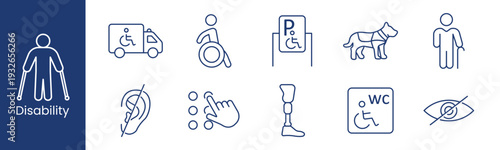 Disability set icon. Collection with accessible van, wheelchair user, parking sign, guide dog, person with cane, hearing loss ear, braille hand, prosthetic leg, accessible toilet, low vision eye.