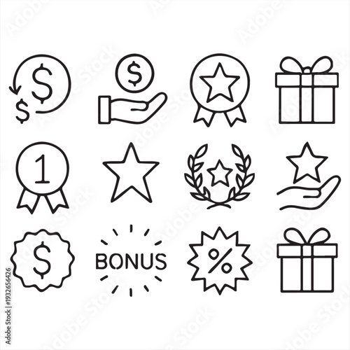 Rewards, Incentives and Bonus Benefits Line Icon Set with Awards Badges and Gift Symbols