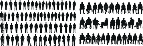 Large Group of Silhouettes of People Standing and Sitting in Rows Keywords: silhouette, people, standing, sitting, row, group