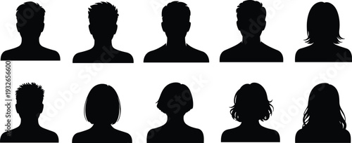 Set of Black Silhouettes of Diverse Male and Female Head and Shoulder Avatars shoulders