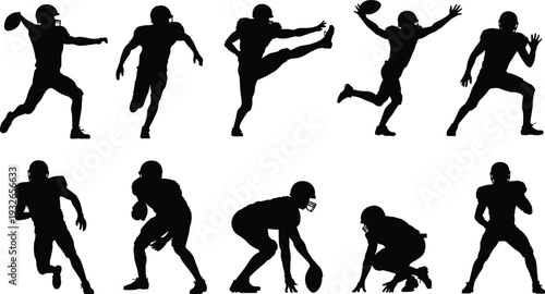 Silhouette set of American football players in action poses on white background Keywords: football, american football, player