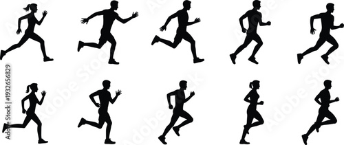 Silhouette set of men and women running in various poses on white background Keywords: running, runner, silhouette, sport