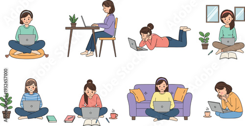 Flat Vector Illustration Set of Young Women Working on Laptops in Various Comfortable Home Environments for Remote Work, Study, and Freelance Concepts