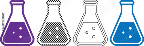 Vector Four Flasks: Color, Outline, Hatch, and Color Chemistry Icons Illustration