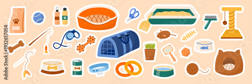 Set of pet care stickers with dog and cat accessories in flat vector style. Collection with pet carrier, bed, litter box, scratching post, toys, collar, leash and grooming tools.