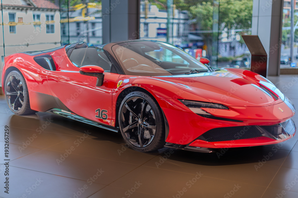 Obraz premium 2 March 2026 Italian Car beautiful Ferrari large mag wheels bright colours on show in Sydney NSW Australia