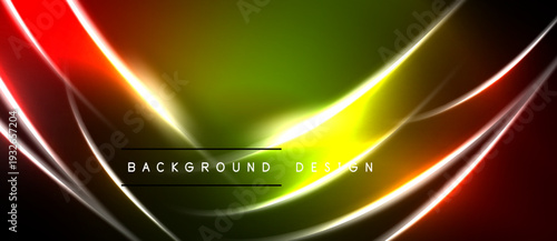 Vibrant neon lines create flowing abstract shapes. Colors blend from red, orange, green, yellow over black background. Modern design element.