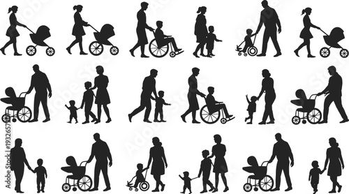 Silhouettes of families with children and people in wheelchairs with strollers on a white background Keywords: family, people