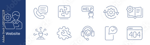 Website support service set icon. Operator phone puzzle help refresh manual settings user repair headset message 404 depict assistance maintenance system.