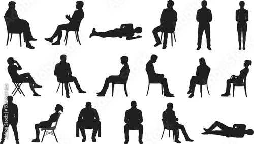 Silhouettes of people in diverse sitting and lying poses on white background relaxing
