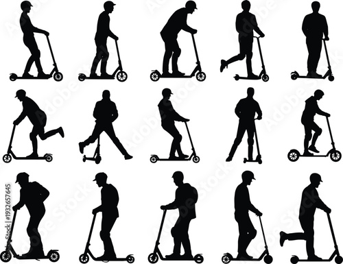 Silhouettes of people riding scooters in various poses and actions on a white background Keywords: scooter, kick scooter, person