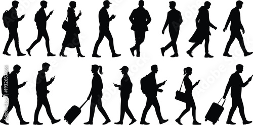 Silhouettes of people walking and using smartphones with luggage on white background Keywords: silhouette, people, walking
