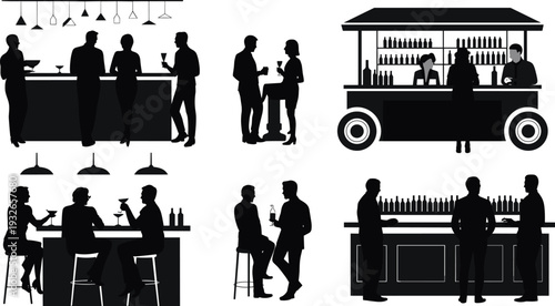 Silhouettes Of People Socializing At Bars And Serving Drinks In Various Settings bartender