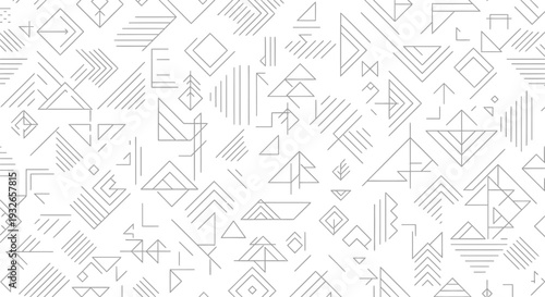 Abstract geometric line art vector pattern design featuring minimalist mountain and tree motifs